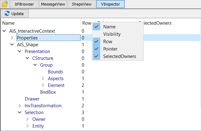 Vinspector tree header context menu